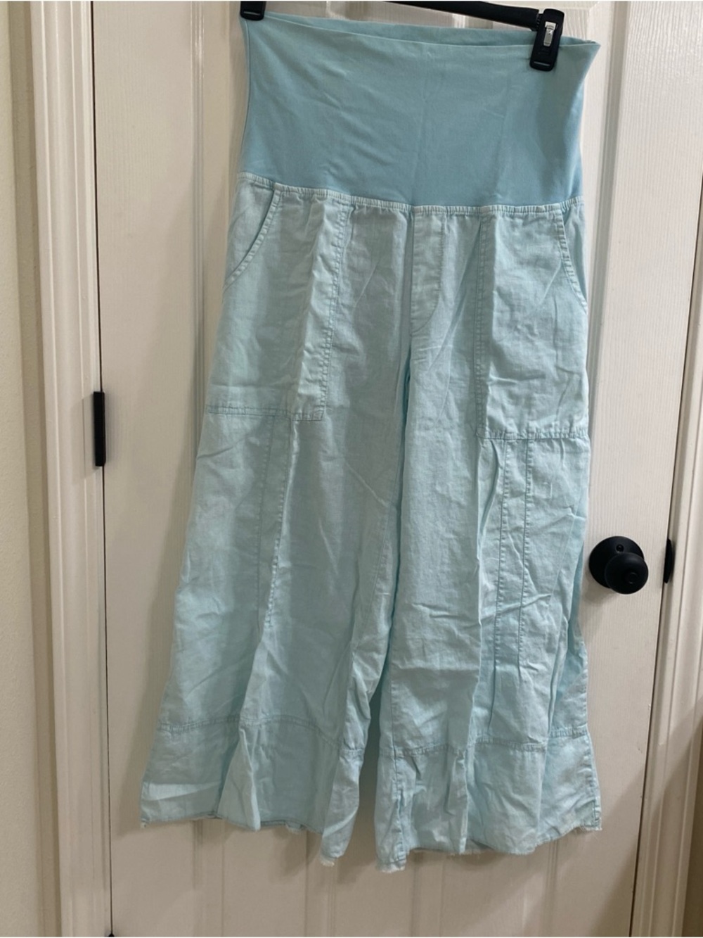 XCVI Small Mint Blue Stretch Waist Wide Leg Cropped Cargo Pants Pull-On Gaucho